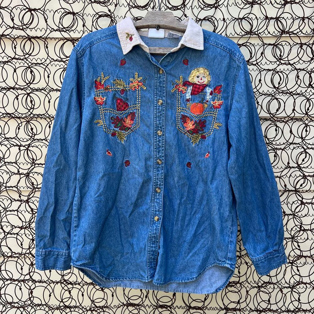 Vintage 90s Fall Harvest Scarecrows Denim Chambray L/S Button Front Shirt MEDIUM